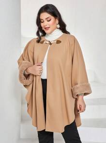 Mulvari 大碼毛茸茸袖口蝙蝠袖粗呢大衣 - 卡其色 - 查看 4