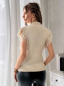 SHEIN Privé 流蘇邊小高領網眼針織毛衣背心 - 杏色 - 查看 3