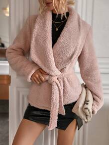 SHEIN Clasi 大翻領腰帶絨毛外套 - 淺粉色 - 查看 1
