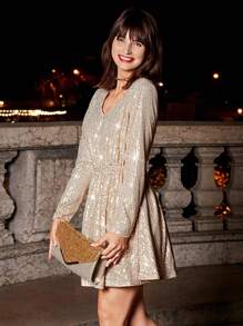 SHEIN Frenchy Open Back Sequin Dress Winter Party Glitter New Year Gold - Gold - View 3