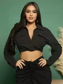 SHEIN SXY Flap Pocket Detail Crop Shirt - Black - View 1