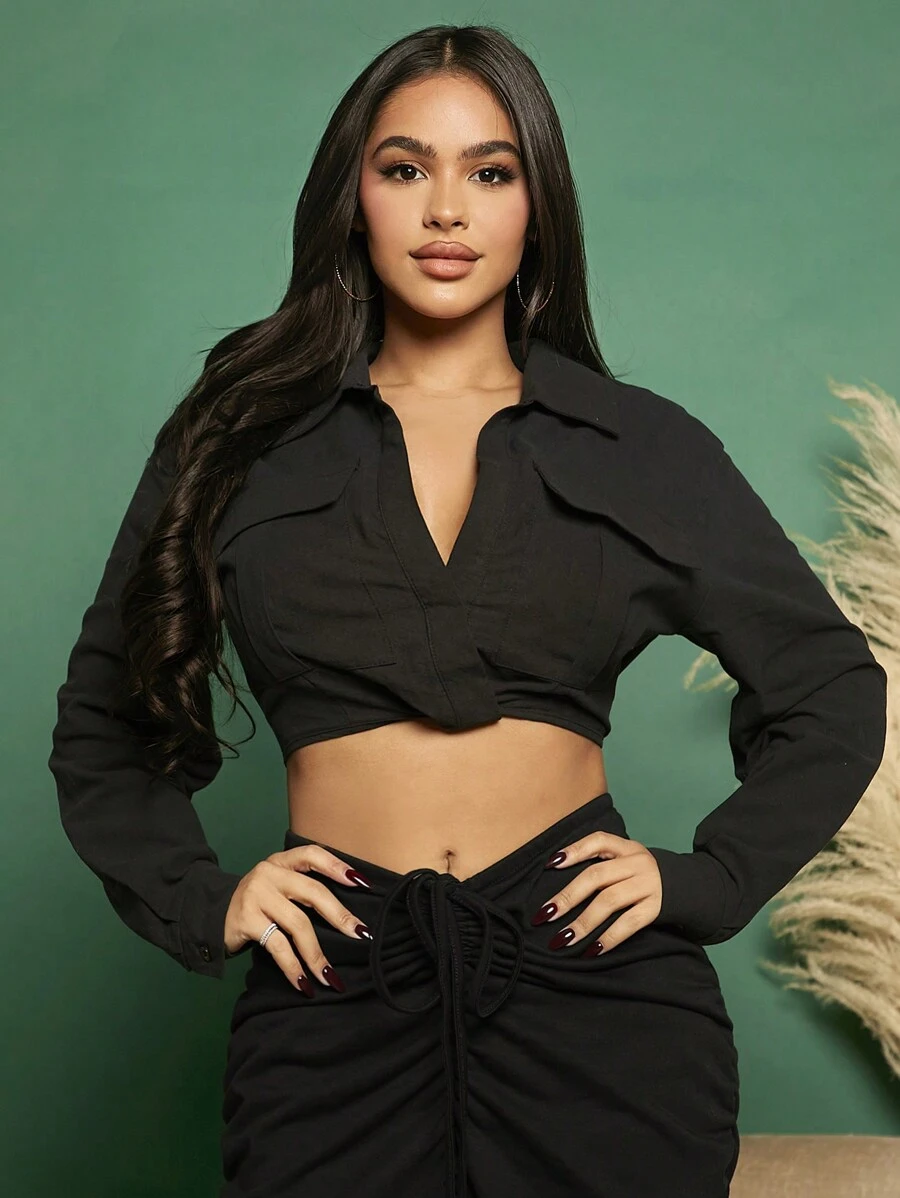 SHEIN SXY Flap Pocket Detail Crop Shirt - Black - View 1