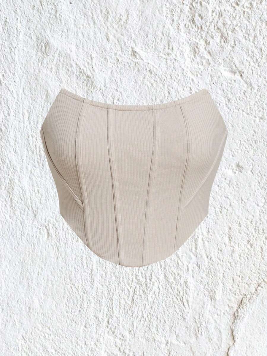 SHEIN EZwear Plus Size Apricot Knit Bandeau Top - Khaki - View 1