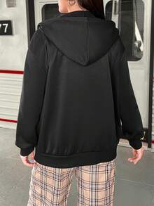 Flirla Talla grande Capucha con estampado de mariposa y letra de hombros caídos con cordón - Negro - Ver 2