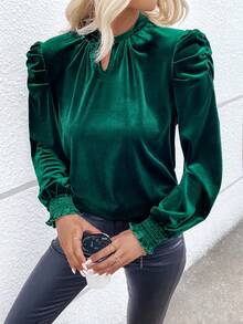SHEIN Privé Đường viền lỗ khóa Ống tay áo Nhung Áo sơ mi - Màu xanh lá cây đậm - Xem 4