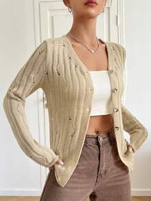 SHEIN EZwear Upward Buttoned Hollow Out Knit Cardigan - Khaki - View 4