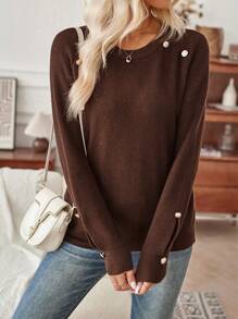 GENKIRA Button Detail Split Detail Knit Pullover Fall Winter Sweater - Brown - View 3