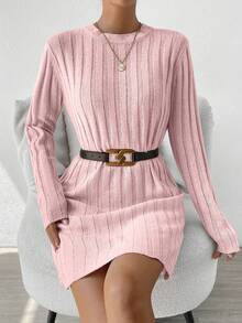 SHEIN Essnce 休閒羅紋針織純色女士毛衣連衣裙 - 粉色 - 查看 6