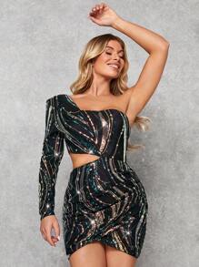 SHEIN BAE Giáng sinh Một bờ vai Cắt bỏ eo Kim sa Váy bodycon - Màu xanh lá cây đậm - Xem 4