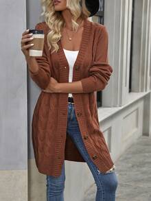 SHEIN Frenchy Cable Knit Button Front Cardigan - Camel - View 6