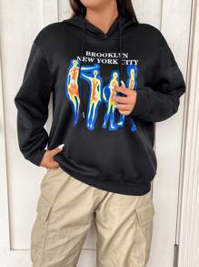 Flirla Áo nỉ có mũ cỡ lớn với hình in chân dung và chữ cái nhạy cảm với nhiệt, áo nỉ chui đầu mùa thu. - màu đen - Xem 4