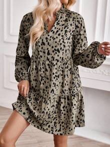 SHEIN LUNE 滿版印花缺口領荷葉邊娃娃裙 - 杏色 - 查看 6