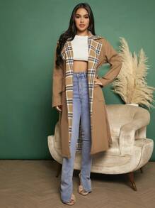 SHEIN SXY 拼接格紋印花翻蓋口袋腰帶花呢外套 - 彩色 - 查看 3