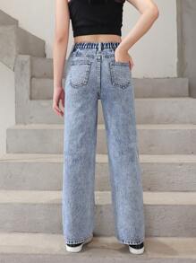 SHEIN Explorewe Tween Girl Ripped Straight Leg Jeans - Blue - View 2