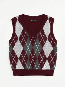 SHEIN EZwear Họa tiết Argyle Áo len vest - Màu Đỏ Sâu - Xem 3