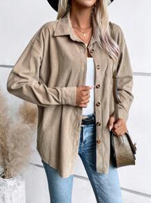 SHEIN LUNE Drop Shoulder Button Front Corduroy Shirt - Khaki - View 1