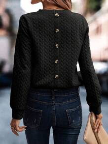 SHEIN Essnce Solid Button Back Sweatshirt - Black - View 3