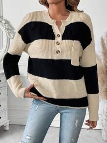 Chiquease Áo len chui đầu phối màu, cài cúc phía trước, vai rớt, có túi, kiểu dáng thu đông. - Nhiều màu - Xem 3