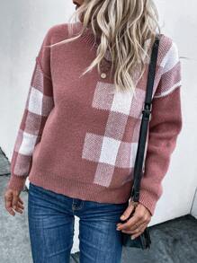 SHEIN LUNE 大方格圖案落肩袖套頭毛衣 - 彩色 - 查看 1