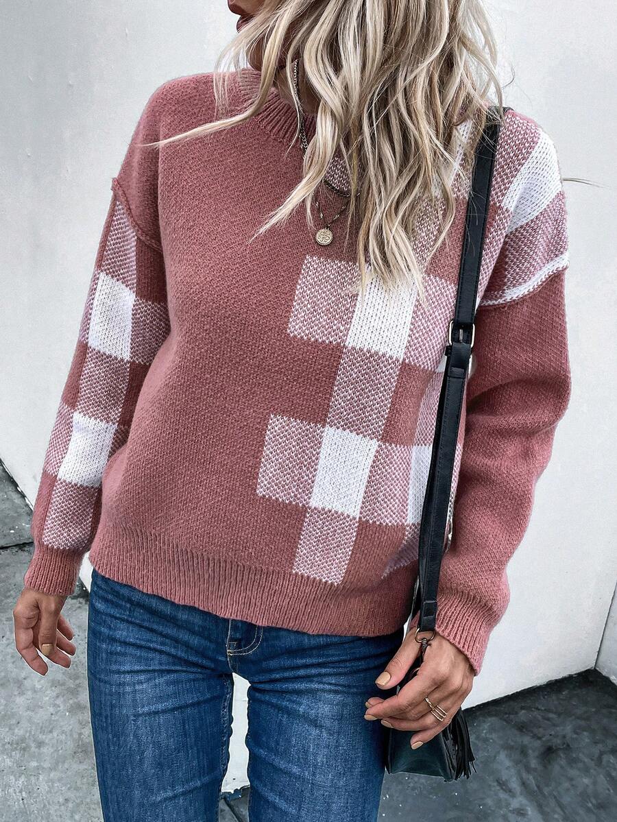 SHEIN LUNE 大方格圖案落肩袖套頭毛衣 - 彩色 - 查看 1