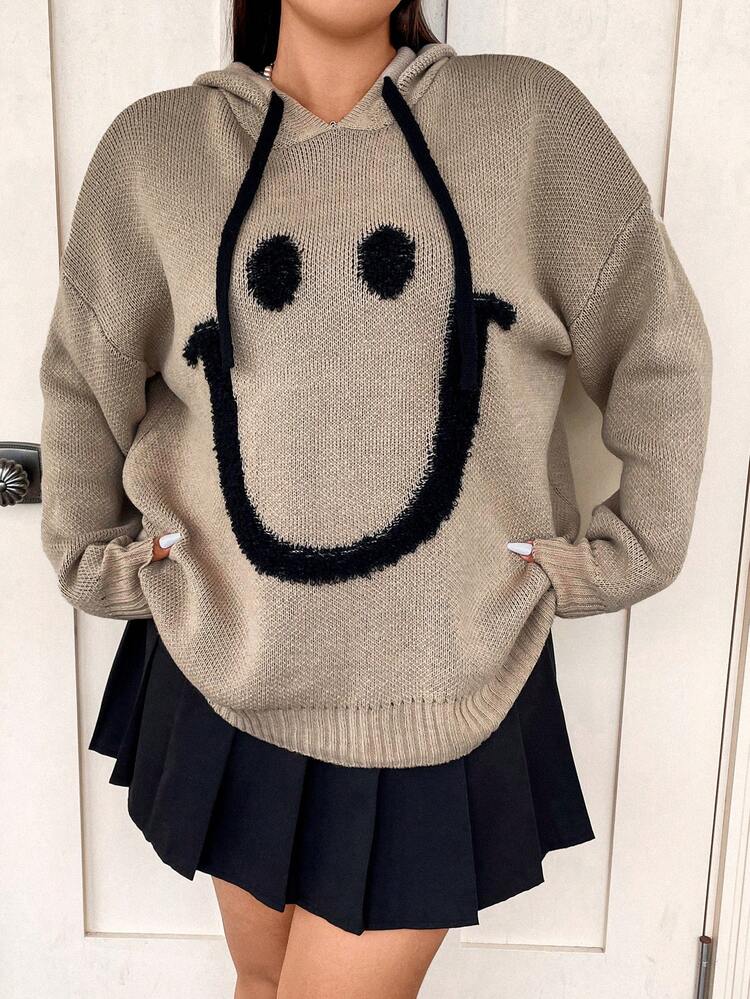 Plus Cartoon Pattern Drop Shoulder Drawstring Hooded Sweater Knit Pullover Fall Winter Sweater