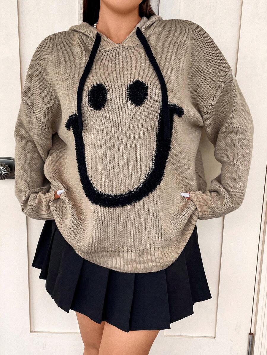Flirla Plus Cartoon Pattern Drop Shoulder Drawstring Hooded Sweater Knit Pullover Fall Winter Sweater - Khaki - View 1