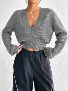 SHEIN EZwear Solid Ribbed Knit Crop Sweater - Light Grey - View 1