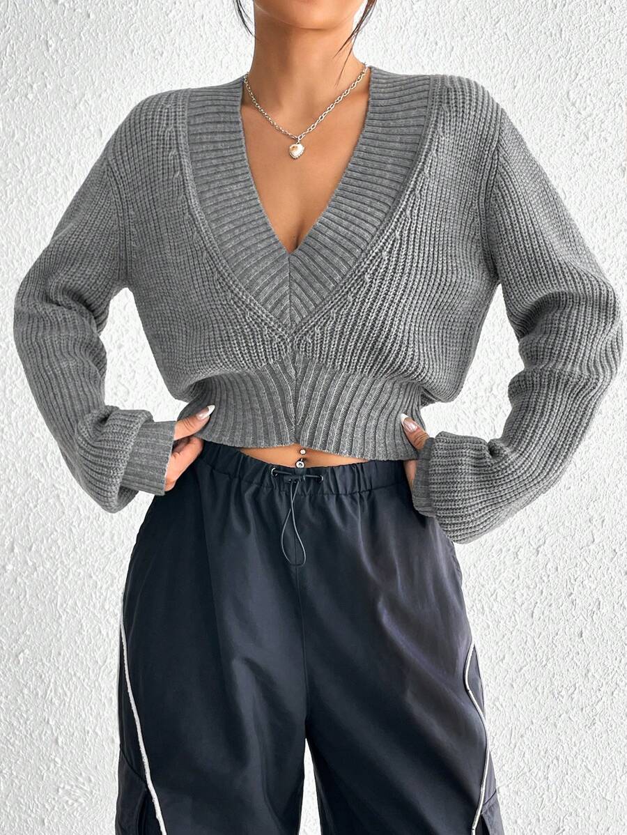 SHEIN EZwear Solid Ribbed Knit Crop Sweater - Light Grey - View 1