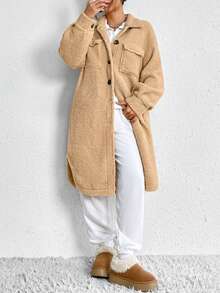 SHEIN EZwear Túi có nắp Thả vai Áo khoác Teddy - Màu be - Xem 2