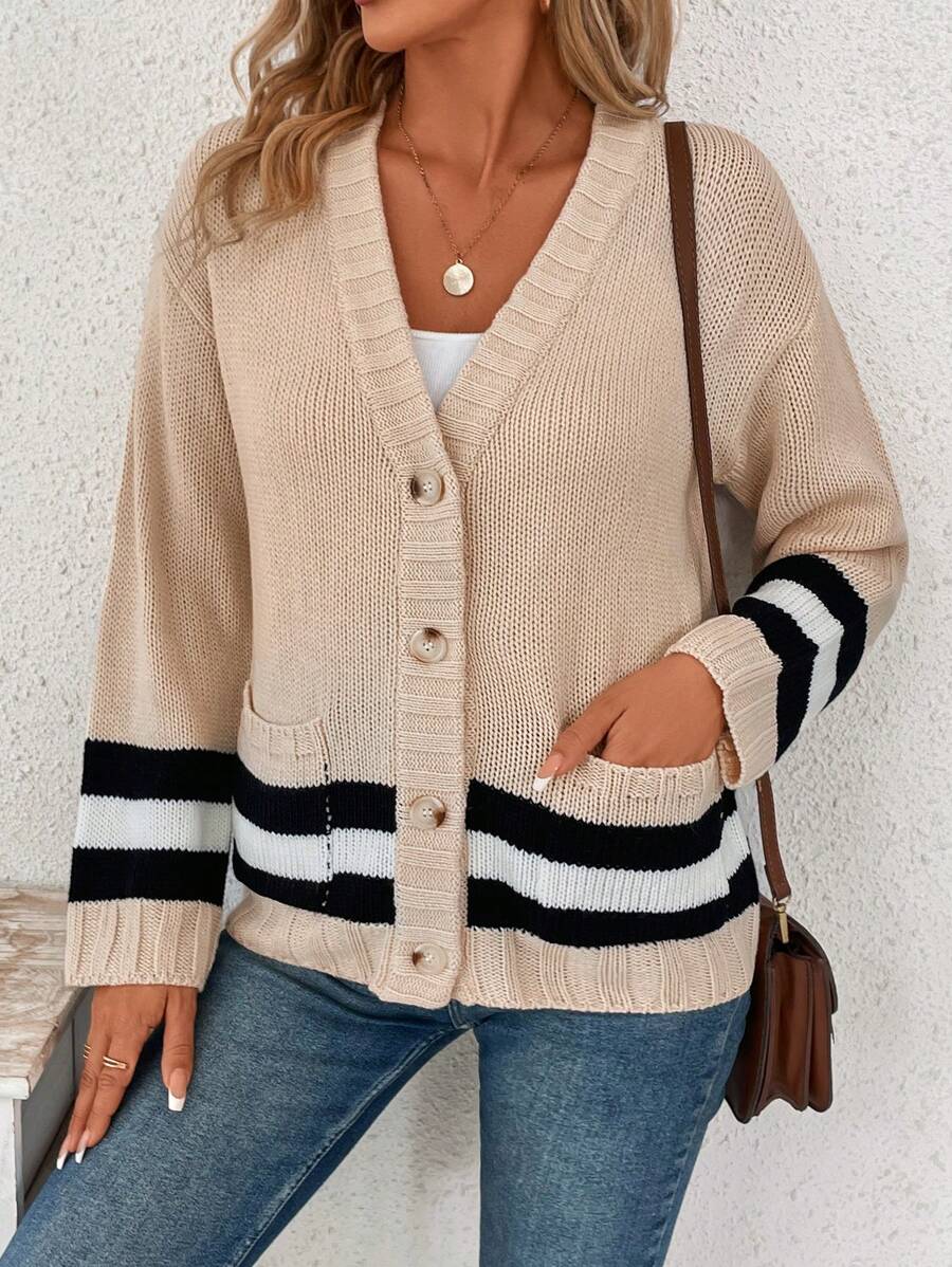 SHEIN LUNE 條紋圖案雙口袋落肩袖開襟衫