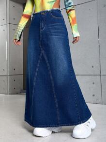 SHEIN ICON 毛邊斜口袋後背開衩牛仔半身裙 - 深色水洗藍 - 查看 1