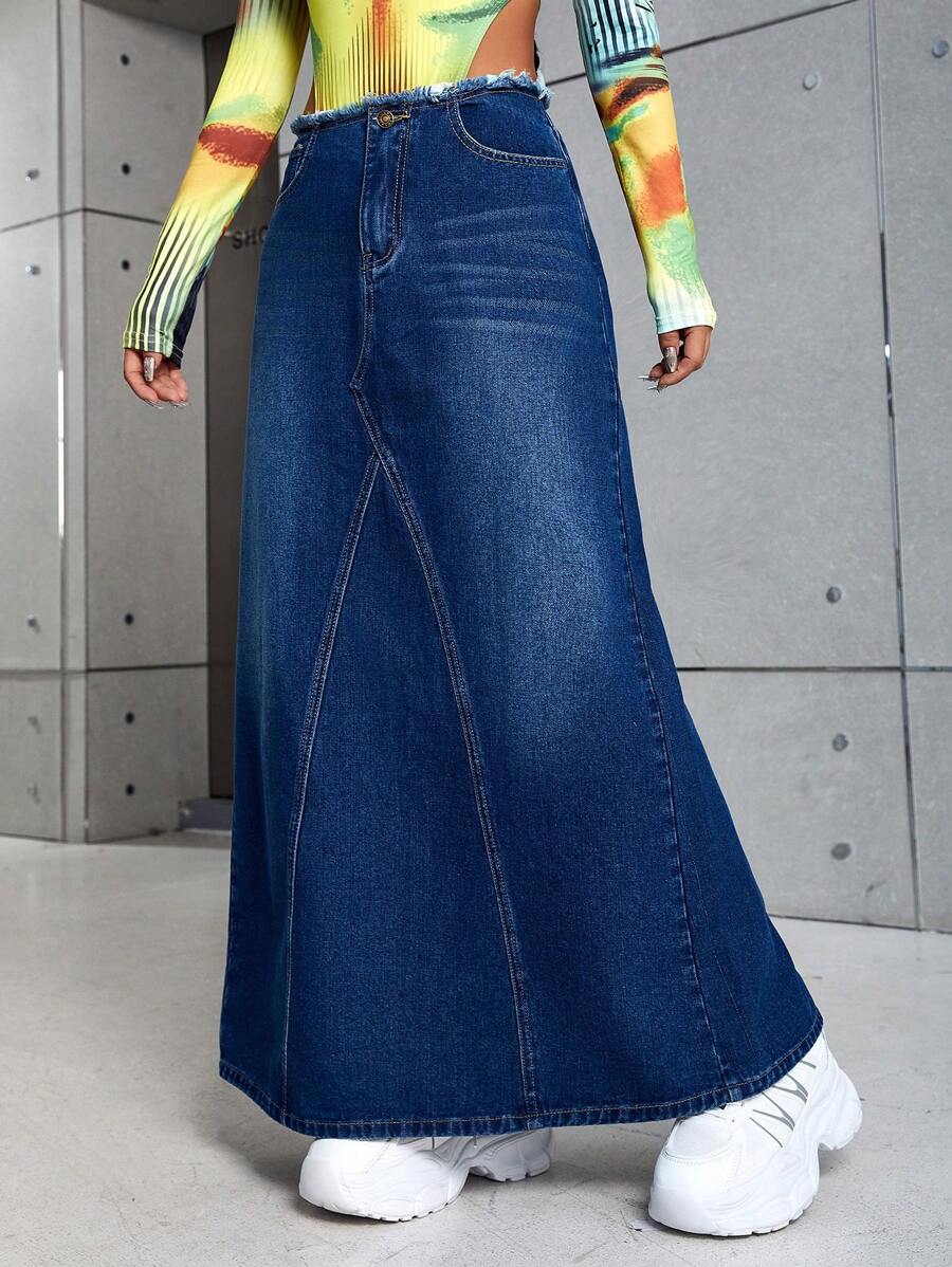 SHEIN ICON 毛邊斜口袋後背開衩牛仔半身裙 - 深色水洗藍 - 查看 1