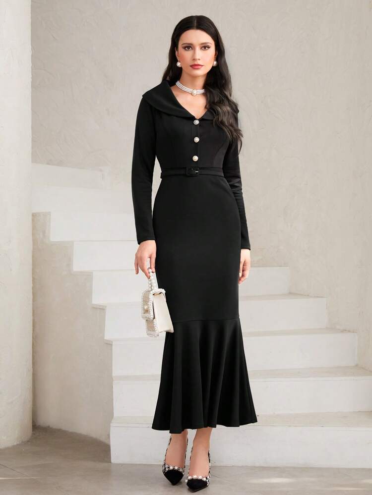 Solid Button Front Mermaid Hem Dress Long Evening Dresses