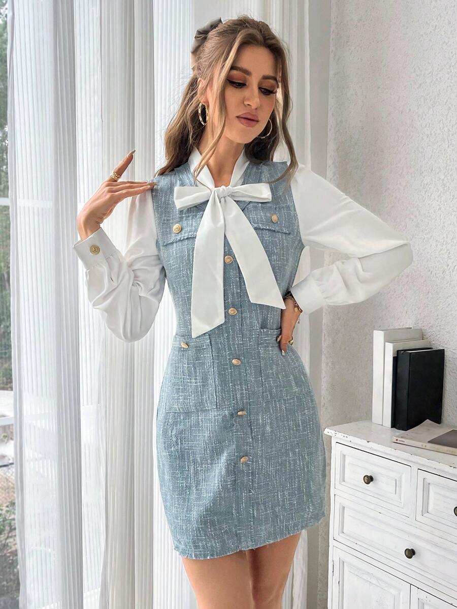 SHEIN Privé Vestido 2 en 1 de color combinado con diseño de solapa de cuello con cordón tweed - Azul - Ver 1