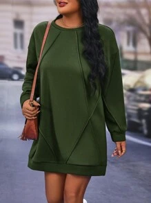 SHEIN LUNE Plus Solid Drop Shoulder Sweatshirt Dress - Army Green - View 5