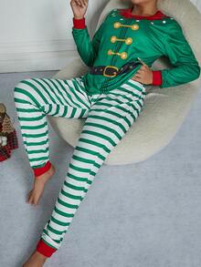 Striped Print Tee & Pants Lounge Set for Christmas - Green - View 3
