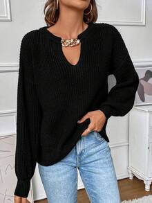 SHEIN LUNE Chain Detail Drop Shoulder Keyhole Neckline Sweater - Black - View 7