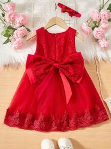 Baby Girls' Net Yarn Patchwork Dress With Bow Decoration For Formal Occasions - Red - View 2