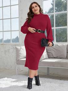 SHEIN Clasi 大碼小高領燈籠袖條紋針織緊身洋裝 - 紅木色 - 查看 5