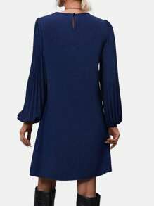 EMERY ROSE Solid Pleated Lantern Sleeve Tunic Dress - Navy Blue - View 2