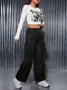 SHEIN PETITE Figure Graphic Crop Tee & Flap Pocket Side Cargo Pants - Black - View 5