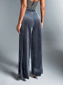 SHEIN BAE Quần ống rộng xếp ly màu trơn thanh lịch cho nữ, thích hợp khi đi làm - Màu xanh lam - Xem 2
