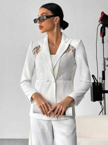 SHEIN Privé Contrast Lace Double Button Blazer - White - View 4