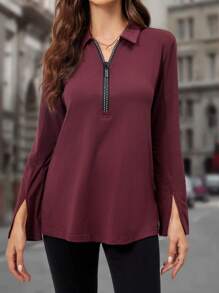 EMERY ROSE Half Zip Split Cuff Tee - Burgundy - View 4