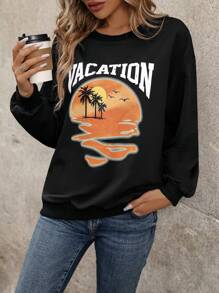 EMERY ROSE Letter & Palm Tree Graphic Drop Shoulder Sweatshirt Pullover Fall Sweatshirt - Black - View 5