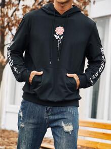 Manfinity Homme Men Plus Floral & Letter Graphic Drawstring Hoodie - Black - View 1