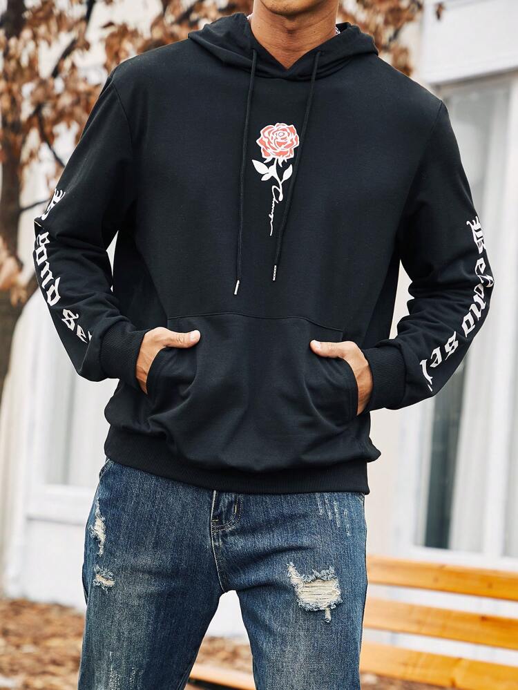 Men Plus Floral & Letter Graphic Drawstring Hoodie