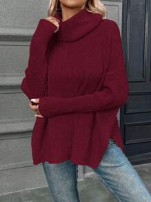 SHEIN LUNE 高領蝙蝠袖下擺開叉套頭毛衣 - 酒紅色 - 查看 1