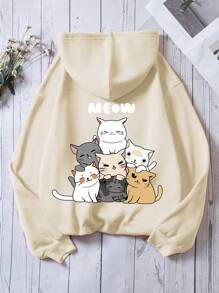 SHEIN EZwear Cartoon Cat & Letter Graphic Drawstring Thermal Lined Hoodie - Apricot - View 1