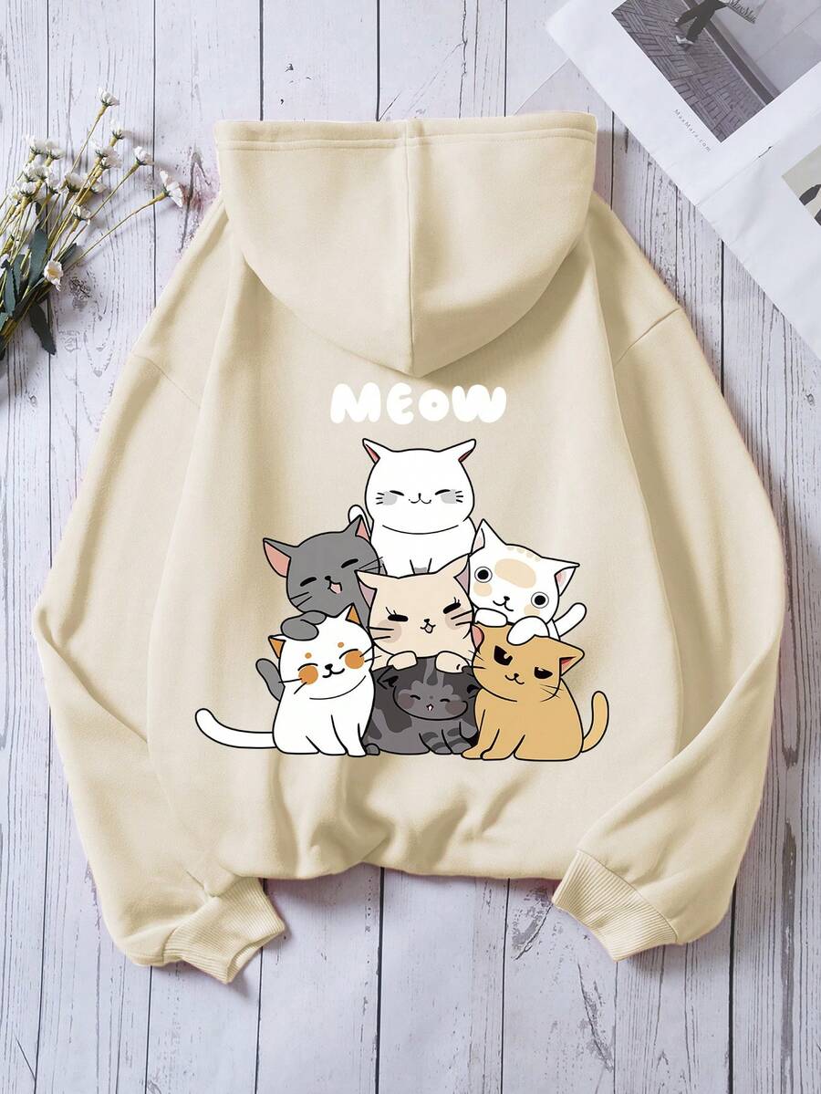 SHEIN EZwear Cartoon Cat & Letter Graphic Drawstring Thermal Lined Hoodie - Apricot - View 1